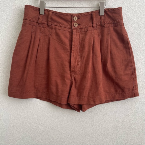 Free People Pants - !SOLD! FREE PEOPLE Brown Orange Linen Blend High Rise Button Fly Pleated Shorts